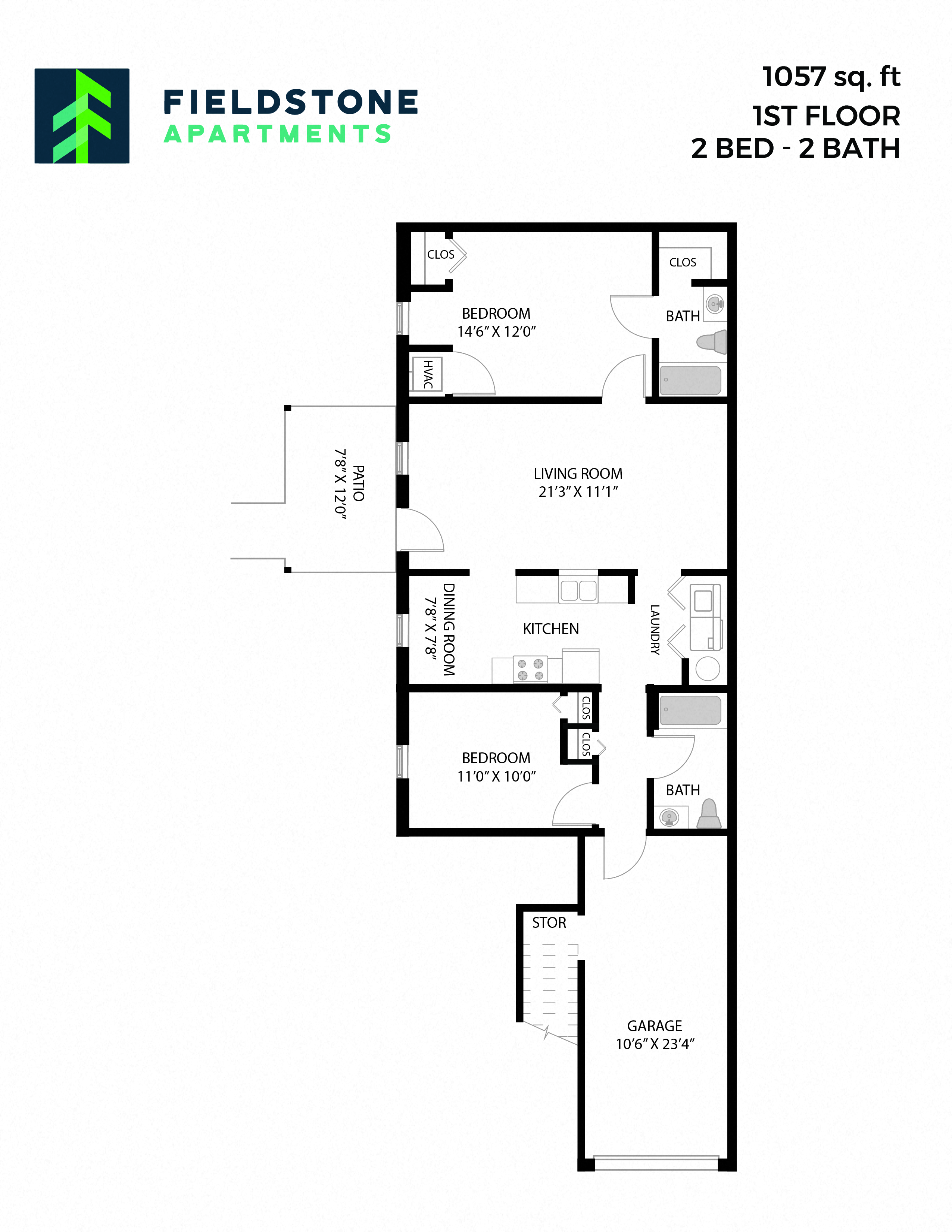 Floor plan for 2 beds, 2 baths, 1057 sqft