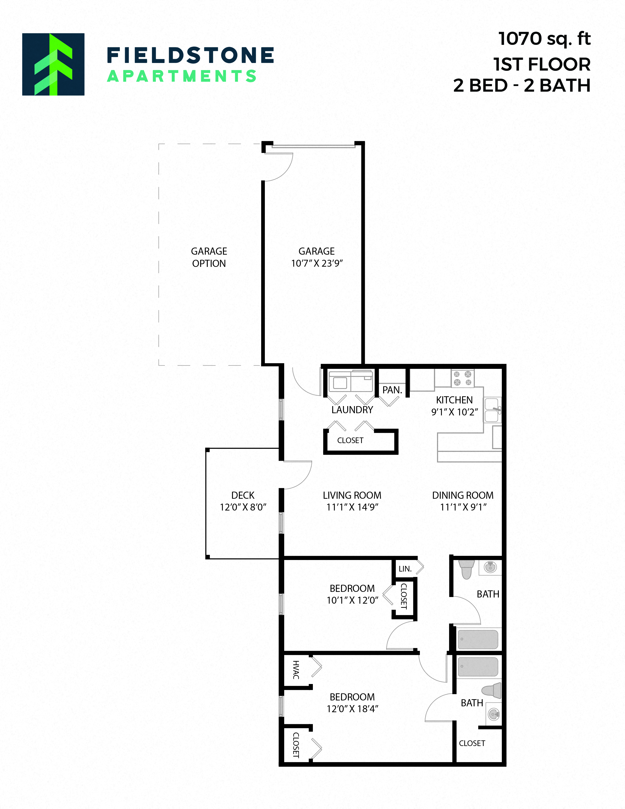 Floor plan for 2 beds, 2 baths, 1070 sqft