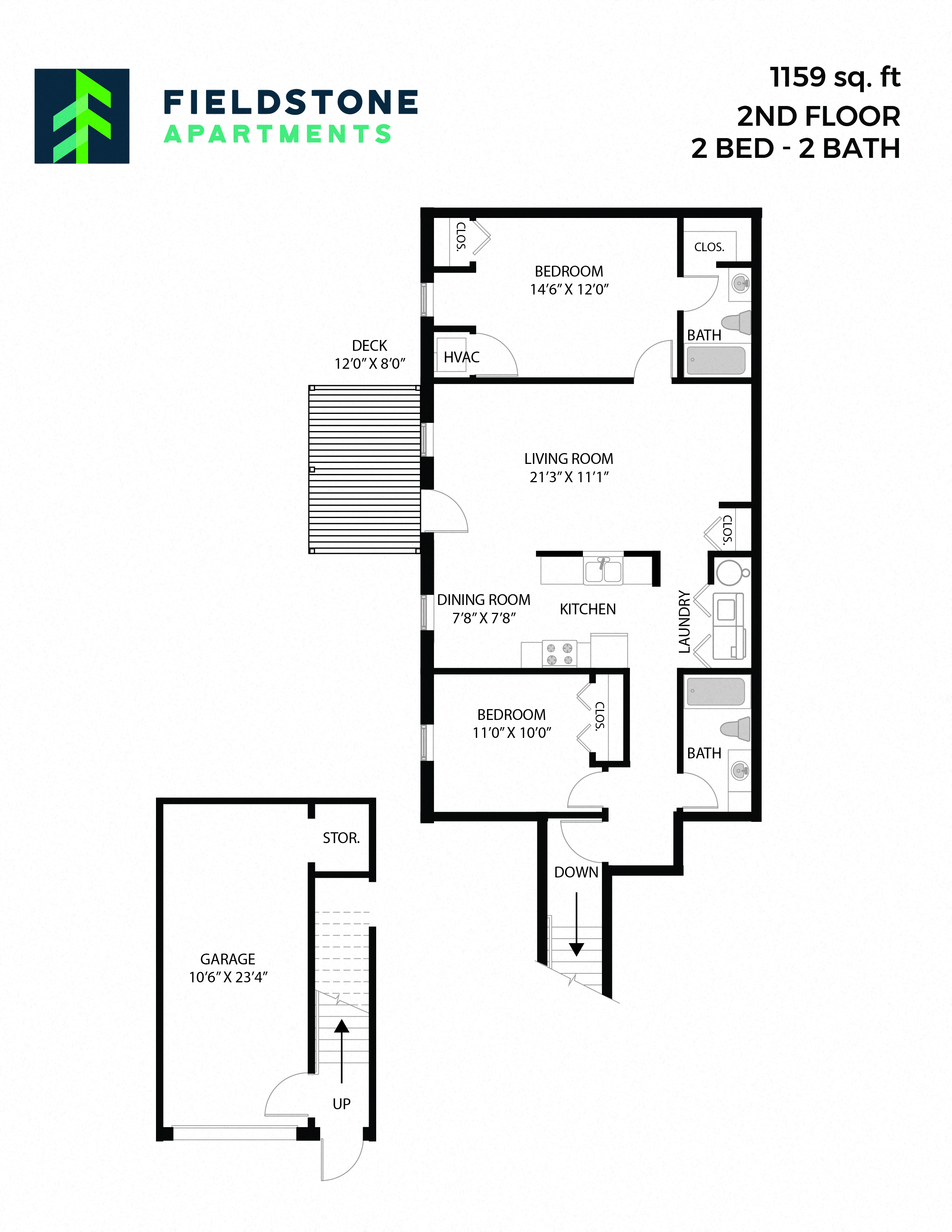 Floor plan for 2 beds, 2 baths, 1159 sqft
