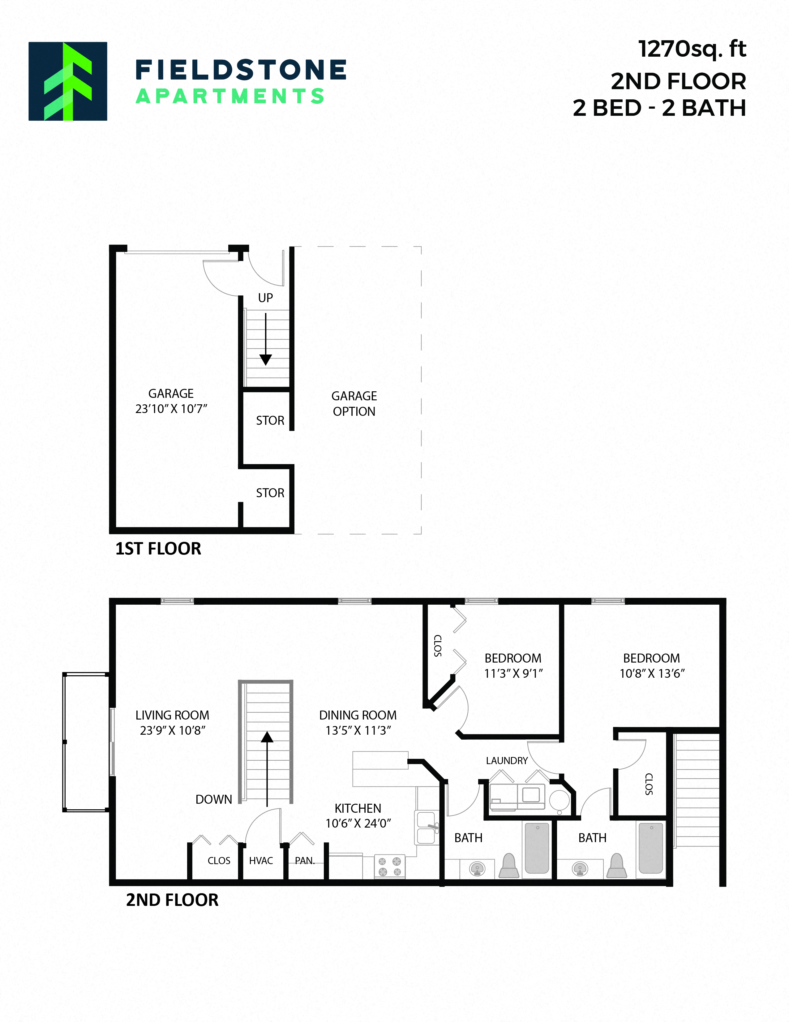 Floor plan for 2 beds, 2 baths, 1270 sqft