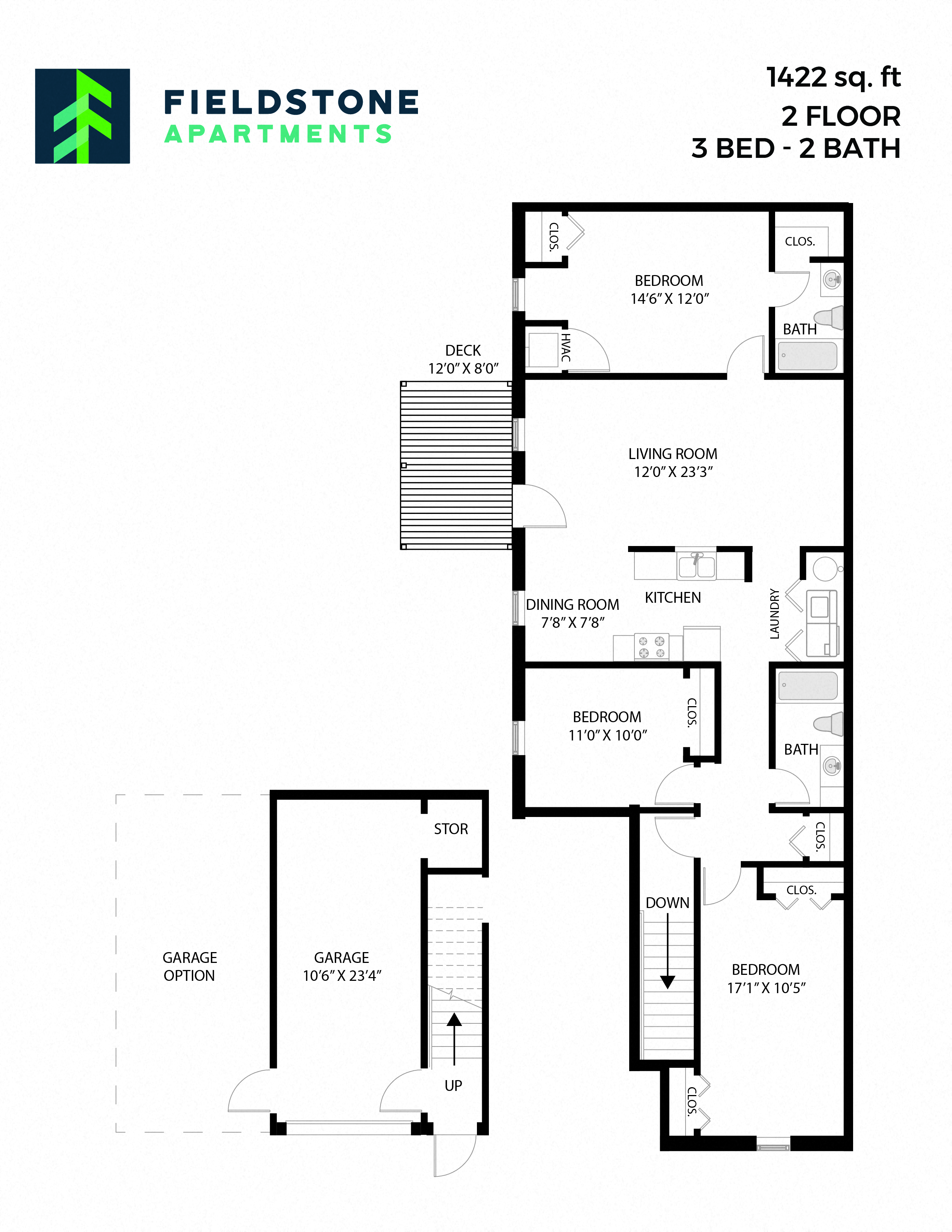 Floor plan for 3 beds, 2 baths, 1422 sqft