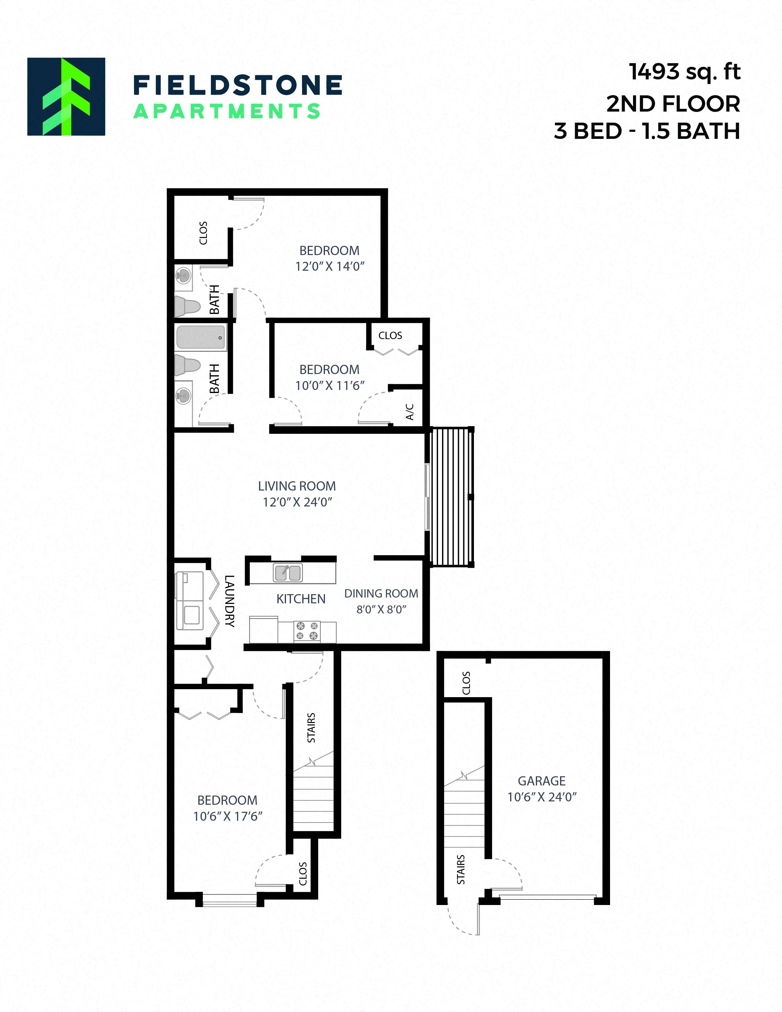 Floor plan for 3 beds, 1.5 baths, 1493 sqft