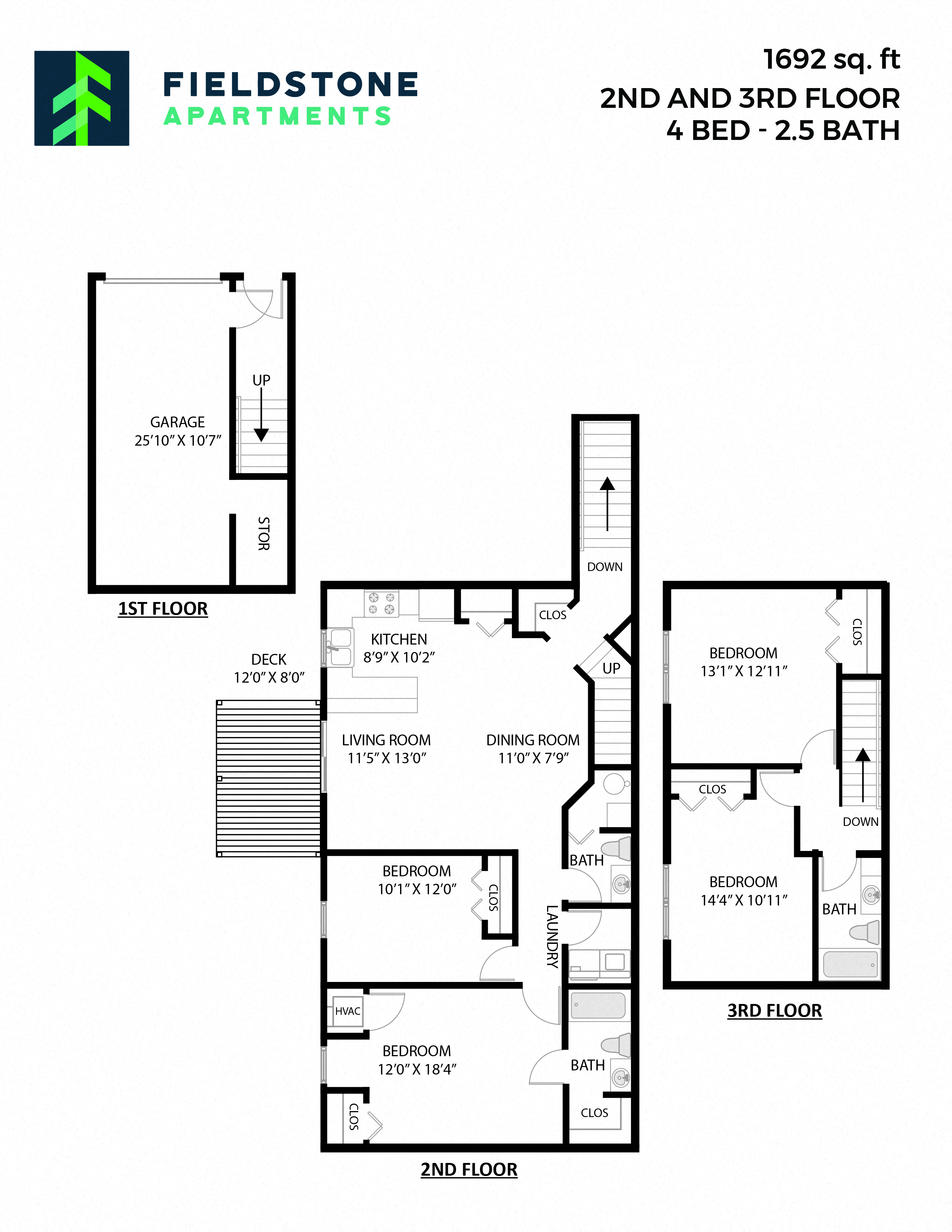 Floor plan for 4 beds, 2.5 baths, 1692 sqft