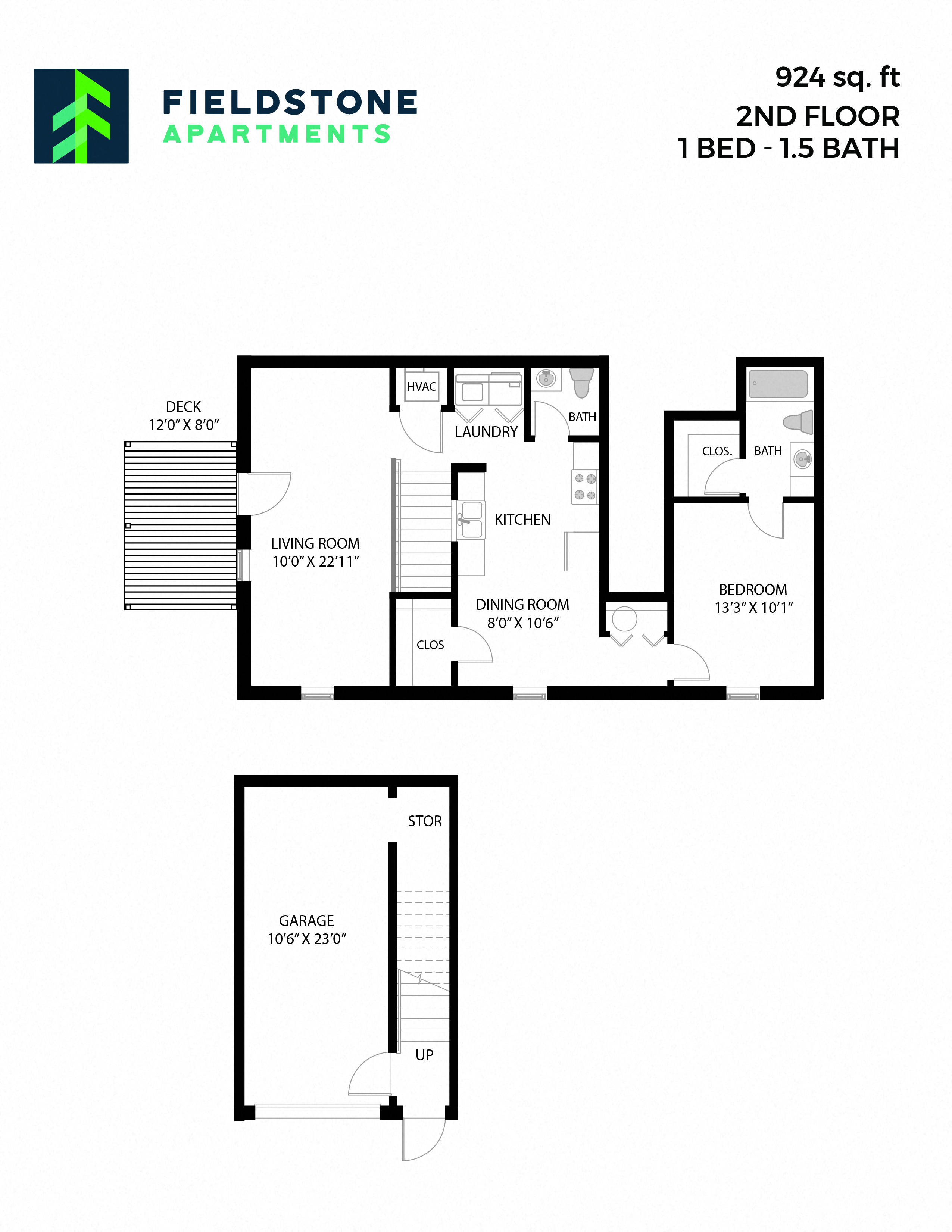 Floor plan for 1 bed, 1.5 baths, 924 sqft