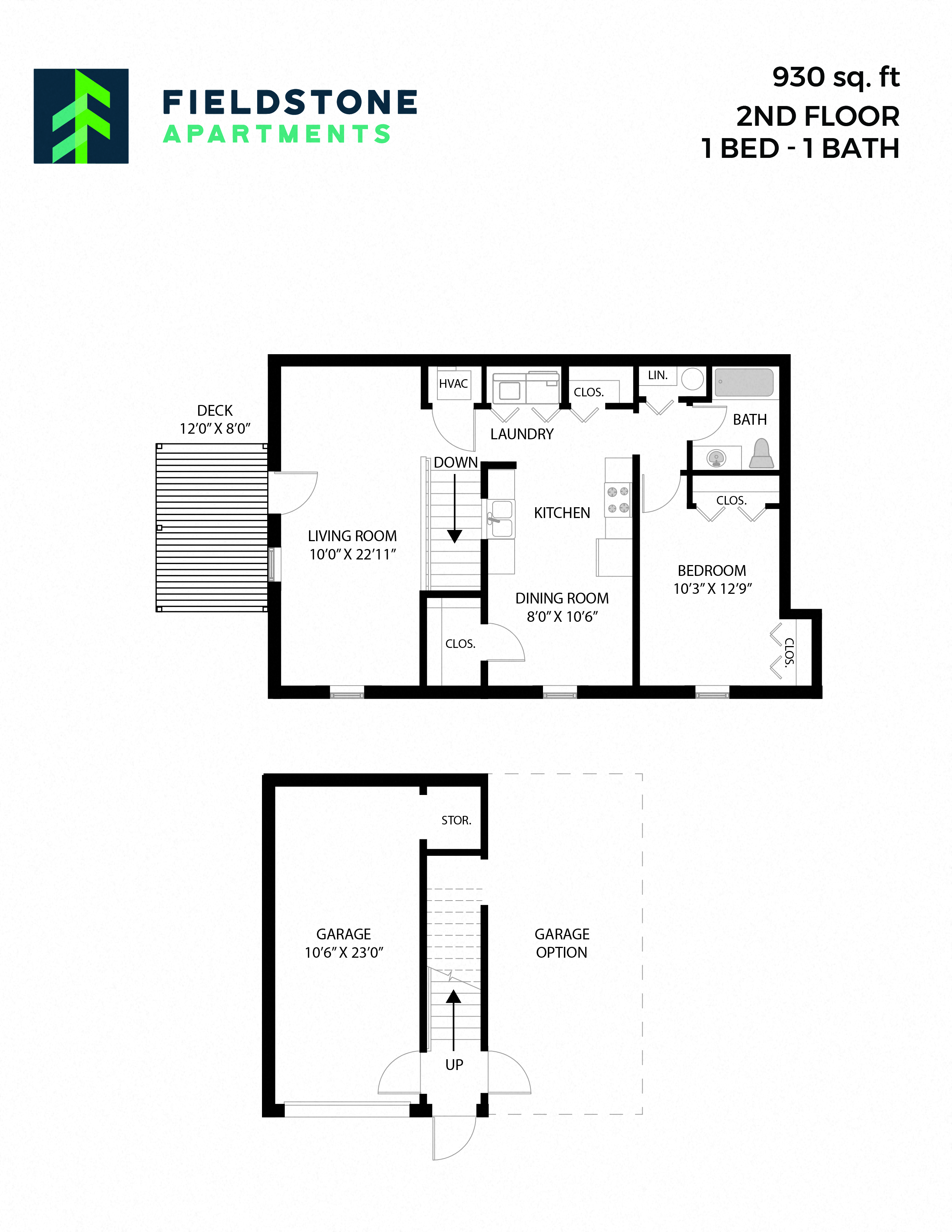 Floor plan for 1 bed, 1 bath, 930 sqft