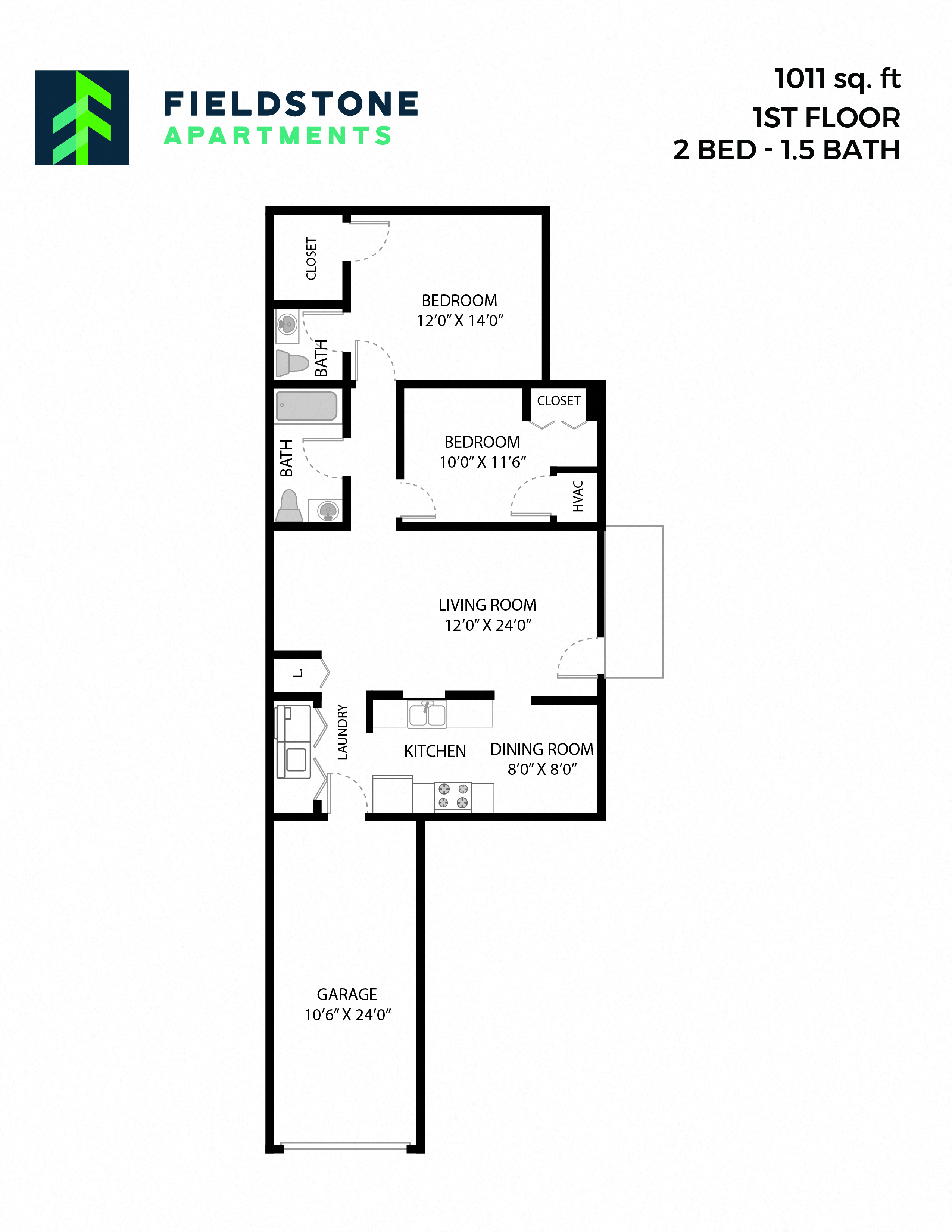 Floor plan for 2 beds, 1.5 baths, 1011 sqft
