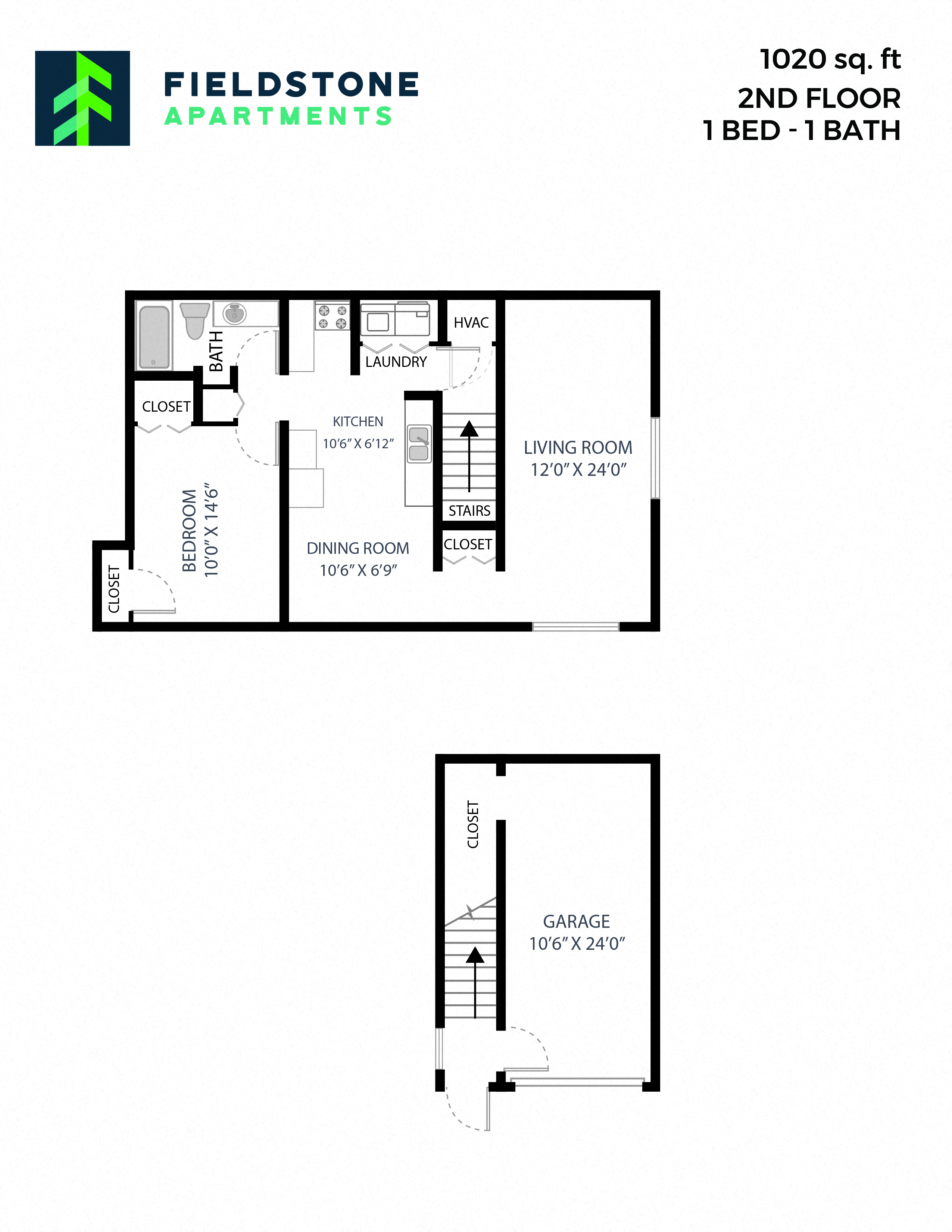 Floor plan for 1 bed, 1 bath, 1020 sqft