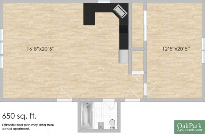 Floor plan for 1 bed, 1 bath, 650 sqft