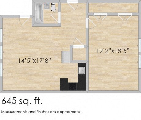 Floor plan for 1 bed, 1 bath, 645 sqft