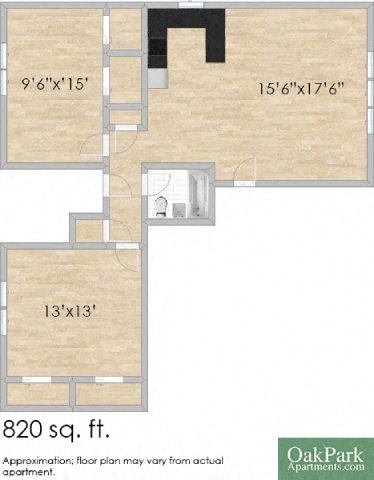 Floor plan for 2 beds, 1 bath, 820 sqft