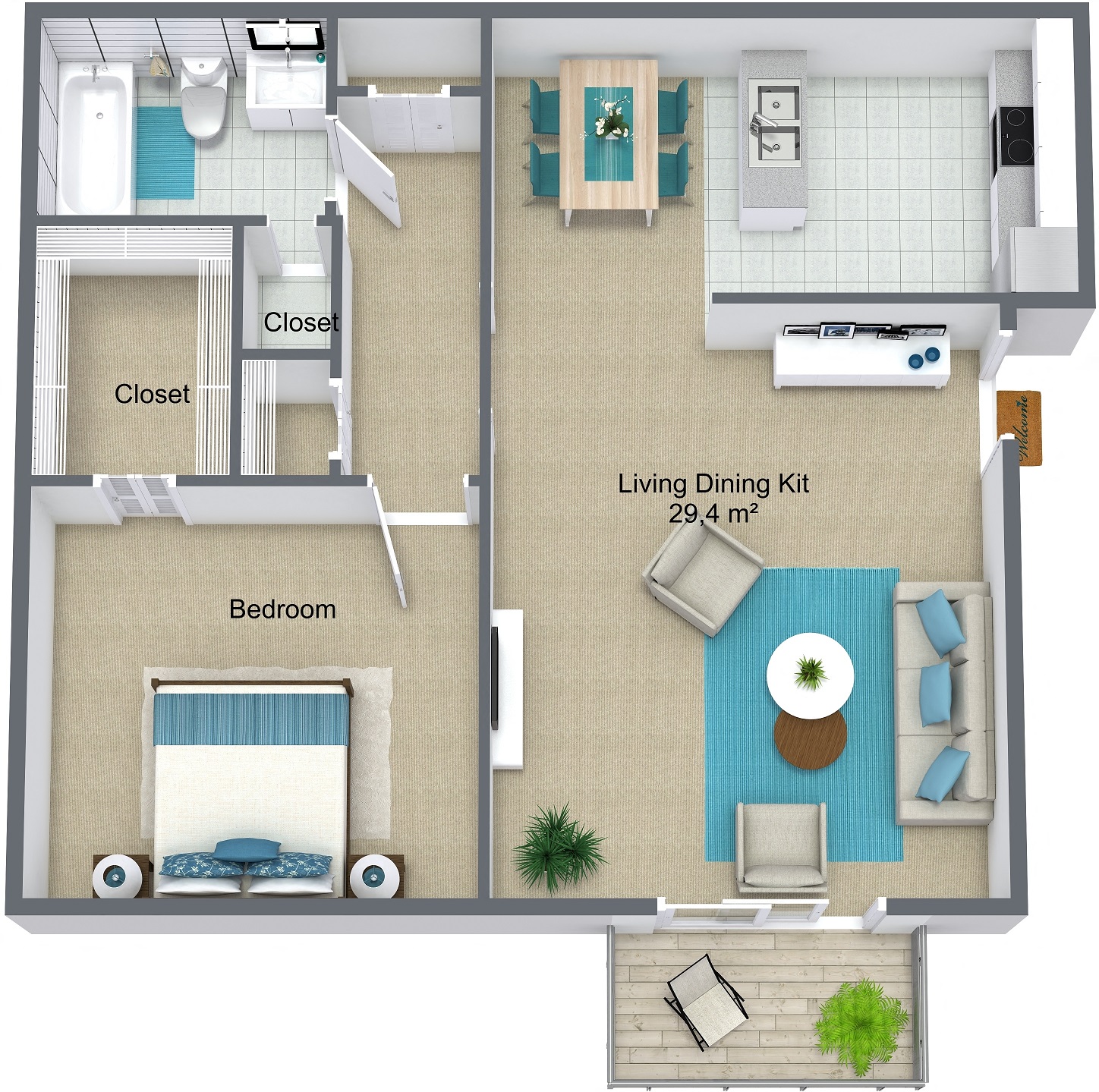 Floor plan for 1 bed, 1 bath, 725 sqft