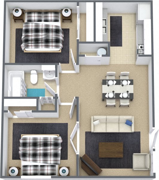 Floor plan for 2 beds, 1 bath, 800 sqft