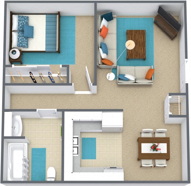 Floor plan for 1 bed, 1 bath, 850 sqft