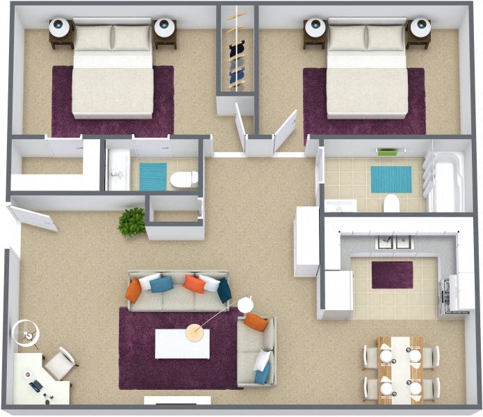 Floor plan for 2 beds, 1.5 baths, 1000 sqft