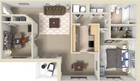 Floor plan for 1 bed, 1 bath, 914 sqft