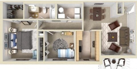 Floor plan for 2 beds, 1 bath, 895 sqft