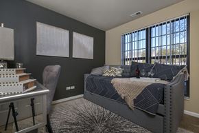 Palatine apartment for rent - a bedroom with a bed and two windows