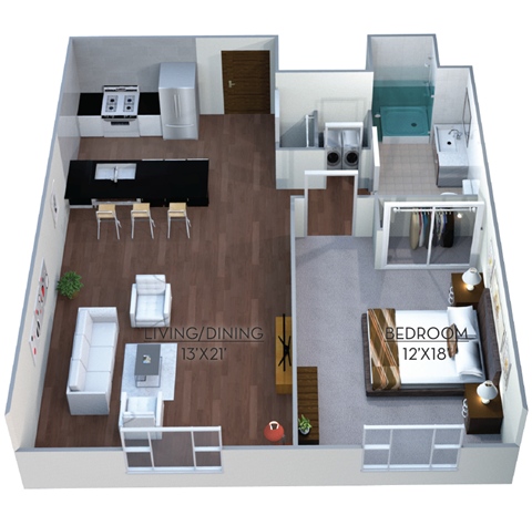 Floor plan for 1 bed, 1 bath, 750 sqft