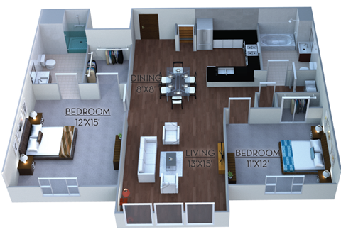 Floor plan for 2 beds, 2 baths, 1051 sqft