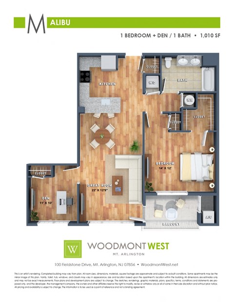 Floor plan for 1 bed, 1 bath, 1010 sqft