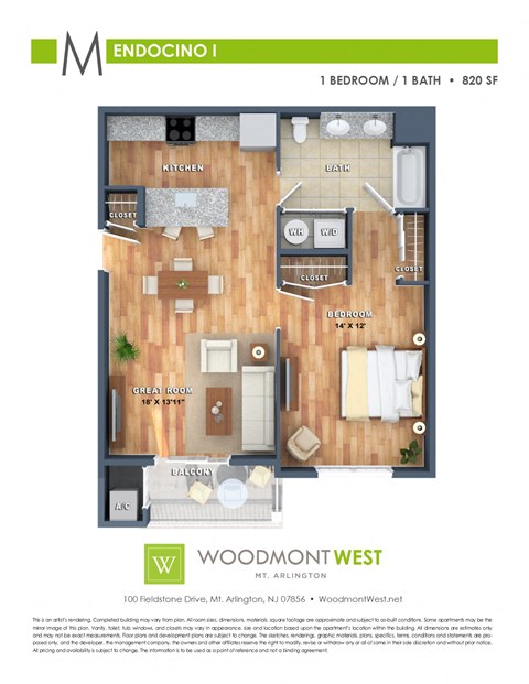 Floor plan for 1 bed, 1 bath, 820 sqft
