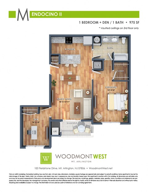 Floor plan for 1 bed, 1 bath, 975 sqft
