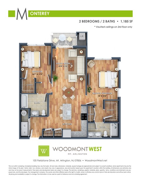 Floor plan for 2 beds, 2 baths, 1185 sqft