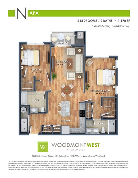 Floor plan for 2 beds, 2 baths, 1170 sqft