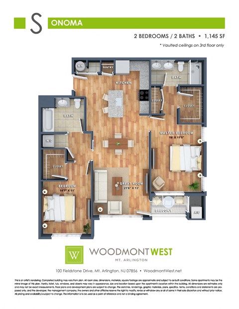 Floor plan for 2 beds, 2 baths, 1145 sqft