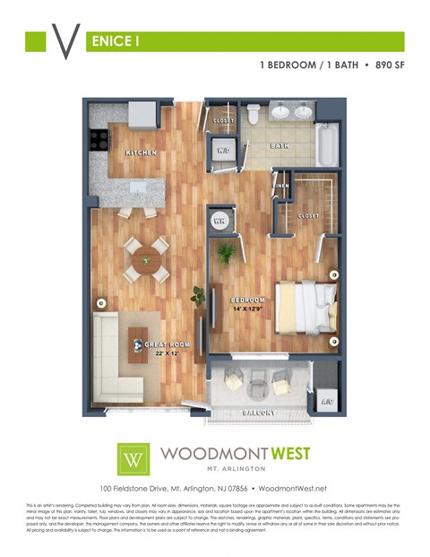 Floor plan for 1 bed, 1 bath, 890 sqft