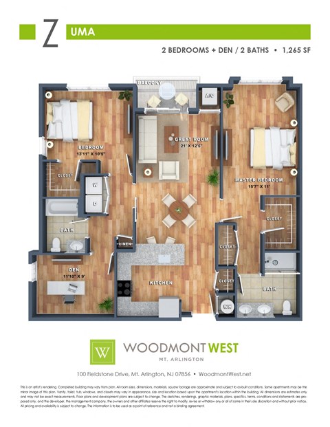 Floor plan for 2 beds, 2 baths, 1265 sqft