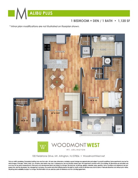 Floor plan for 1 bed, 1 bath, 1120 sqft