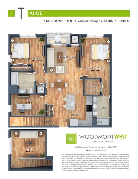 Floor plan for 2 beds, 2 baths, 1410 sqft