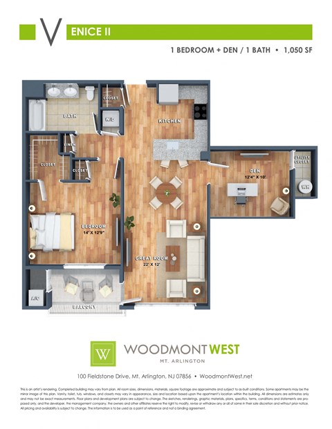 Floor plan for 1 bed, 1 bath, 1050 sqft