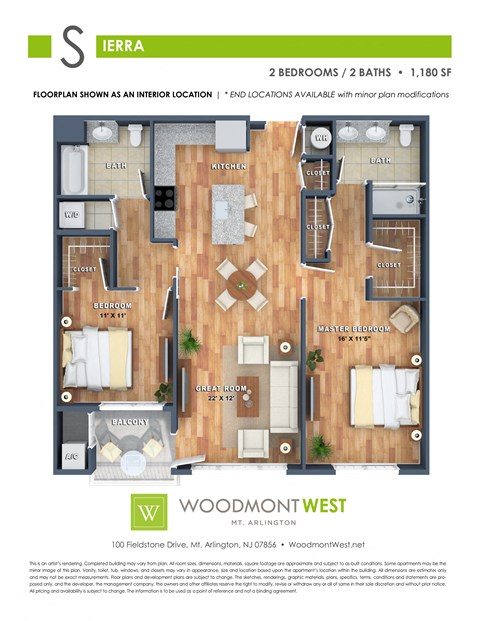 Floor plan for 2 beds, 2 baths, 1180 sqft