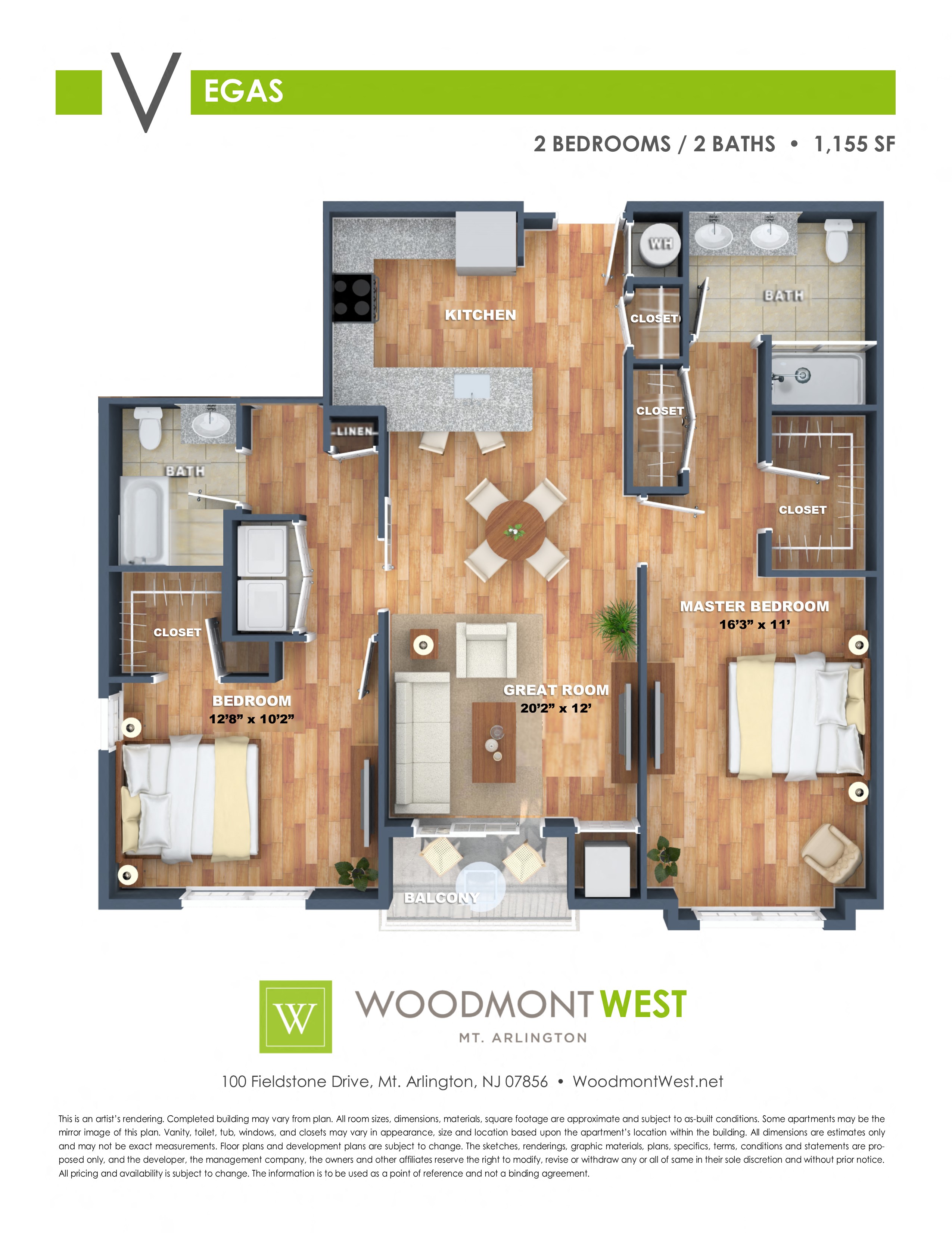 Floor plan for 2 beds, 2 baths, 1155 sqft
