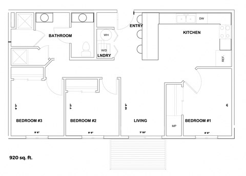 Floor plan for 3 beds, 1.5 baths, 920 sqft