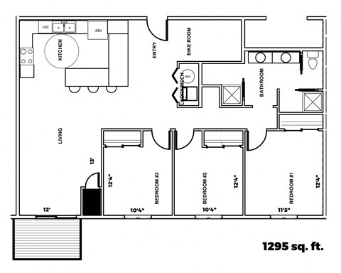 Floor plan for 3 beds, 1.5 baths, 1295 sqft