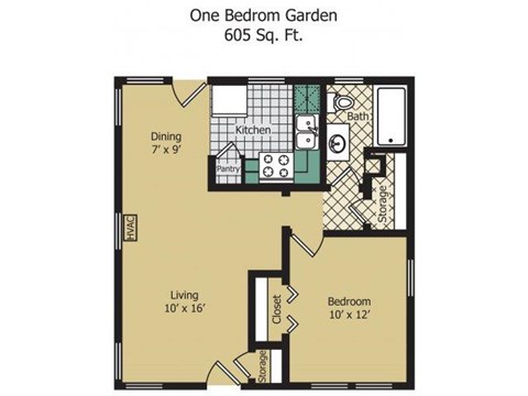 Floor plan for 1 bed, 1 bath, 605 sqft