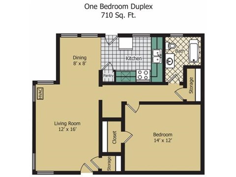 Floor plan for 1 bed, 1 bath, 710 sqft
