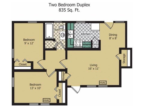 Floor plan for 2 beds, 1 bath, 835 sqft