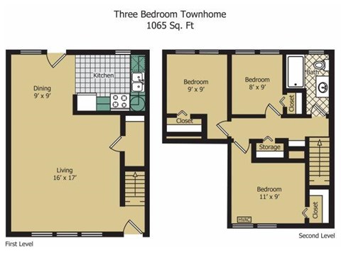 Floor plan for 3 beds, 1 bath, 1065 sqft