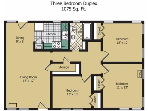 Floor plan for 3 beds, 1 bath, 1075 sqft