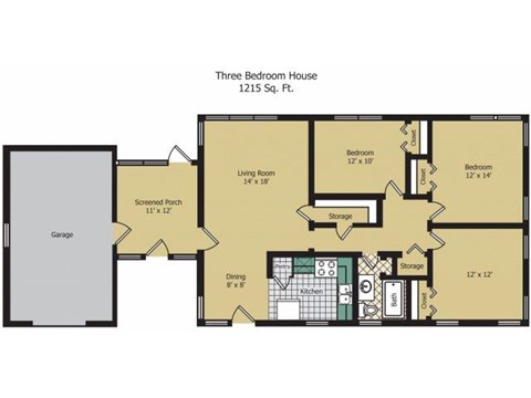 Floor plan for 3 beds, 1 bath, 1215 sqft