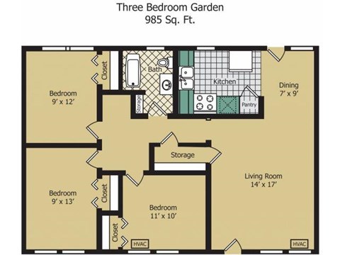 Floor plan for 3 beds, 1 bath, 985 sqft