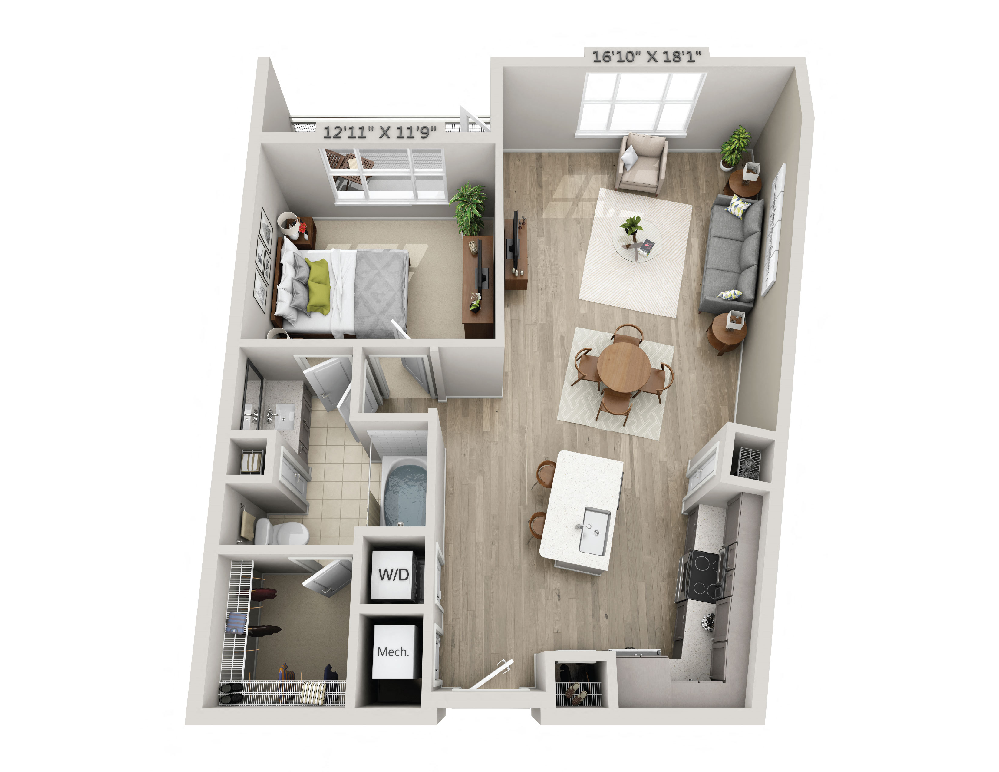 Floor plan for 1 bed, 1 bath, 859 sqft