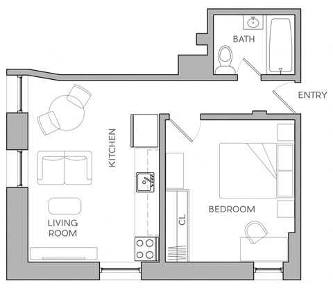 Floor plan for 1 bed, 1 bath, 600 sqft
