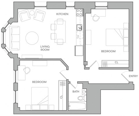 Floor plan for 2 beds, 1 bath, 1200 sqft