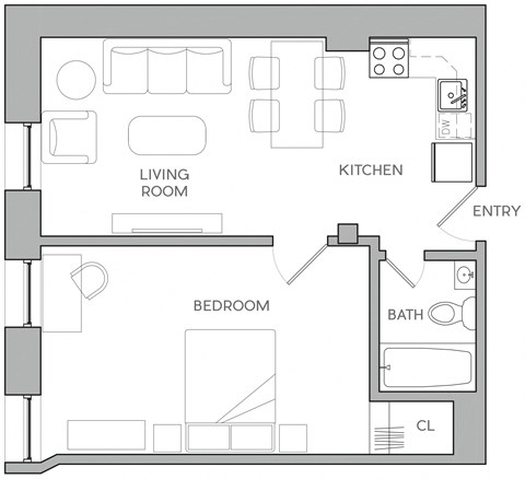 Floor plan for 1 bed, 1 bath, 717 sqft