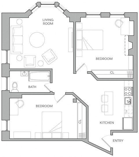 Floor plan for 2 beds, 1 bath, 1230 sqft